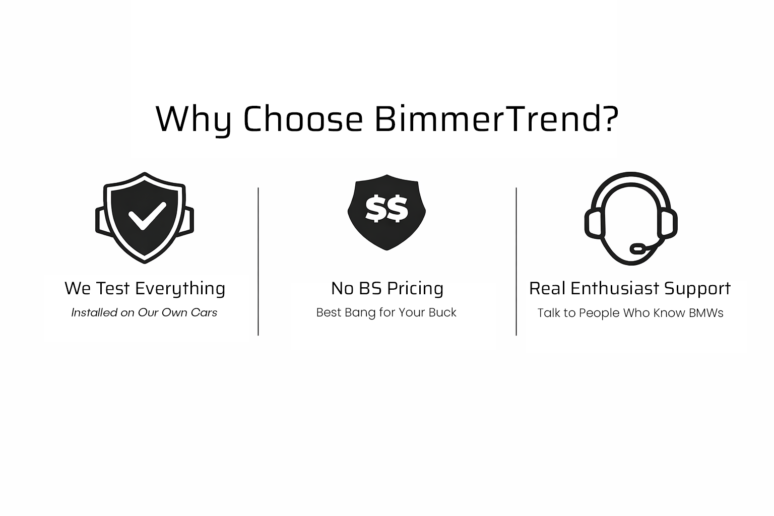 BimmerTrend promotional graphic with icons and text on a white background